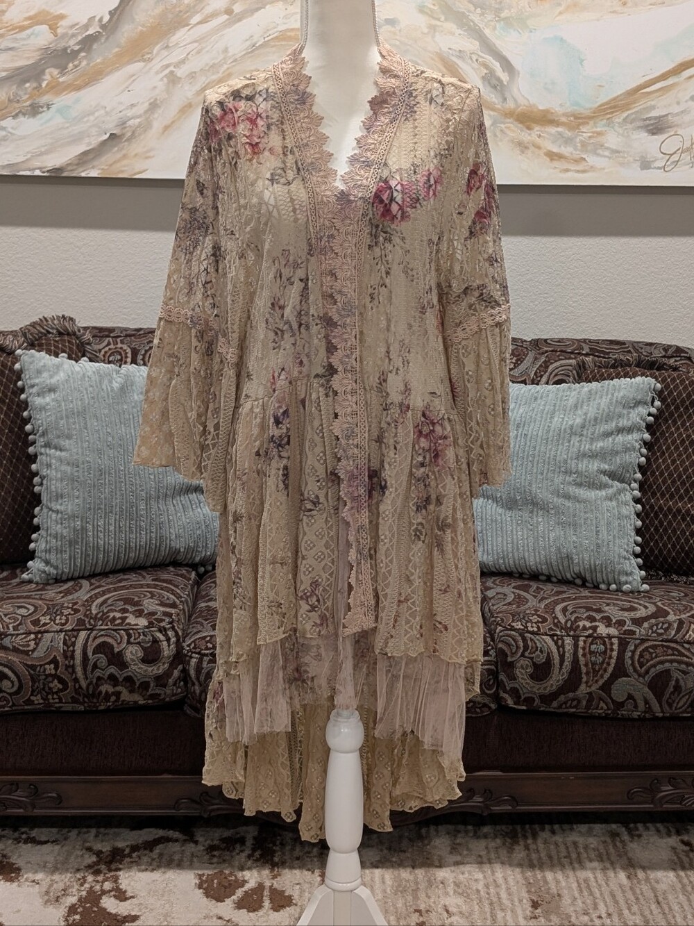 Boho Lace Floral Layered Kimono - Mocha with Pink Floral